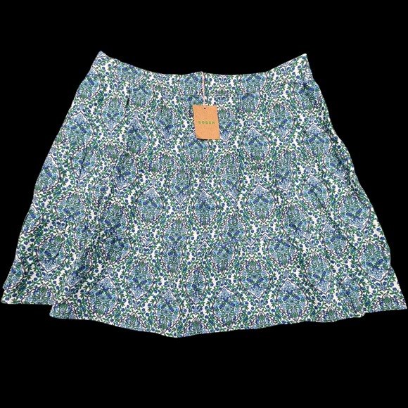 Boden Dresses & Skirts - Boden Mini Skirt Womens 14 Blue Green Floral 100% Linen Damask Elastic Waist NEW
